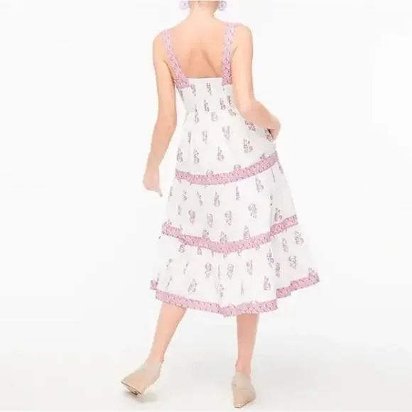 J. Crew Block-print square neck tiered midi dress size 4 - Picture 2 of 7